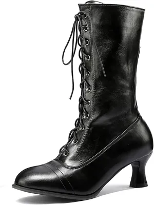 AMDBEL Womens Boots Fall 2023 Kitten Heel Victorian Mid-Calf Boots Lace Up Side Zipper Mid Heel Ankle Bootie Comfy Dance Shoes Vintage 70s Knight Boots Stylish Cosplay Witch Boots for Ladies