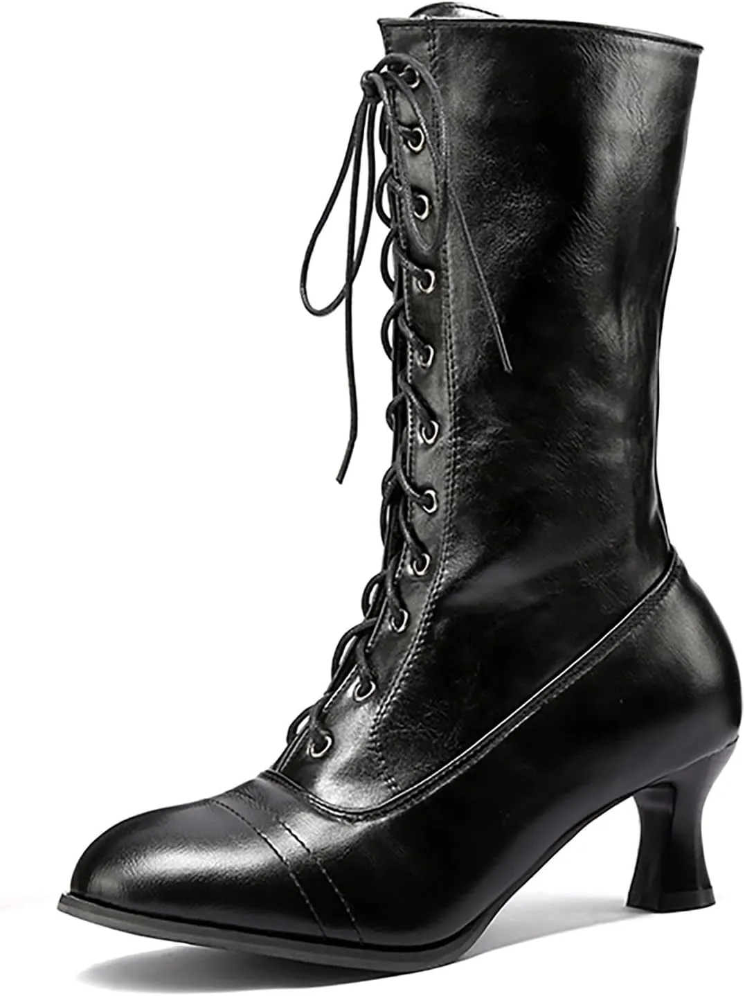 AMDBEL Womens Boots Fall 2023 Kitten Heel Victorian Mid-Calf Boots Lace Up Side Zipper Mid Heel Ankle Bootie Comfy Dance Shoes Vintage 70s Knight Boots Stylish Cosplay Witch Boots for Ladies