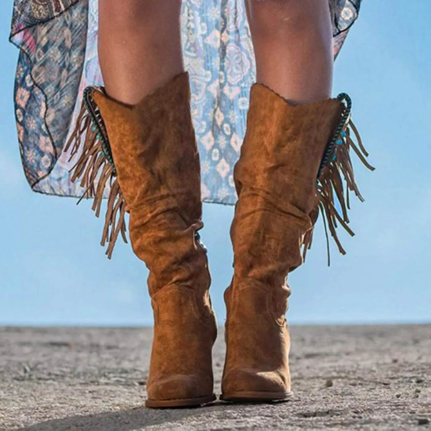 Ankle Boots For Women Casual Square Heel Thigh High Boots Tassel Knee High Boots Suede Pull On Tall Bootie