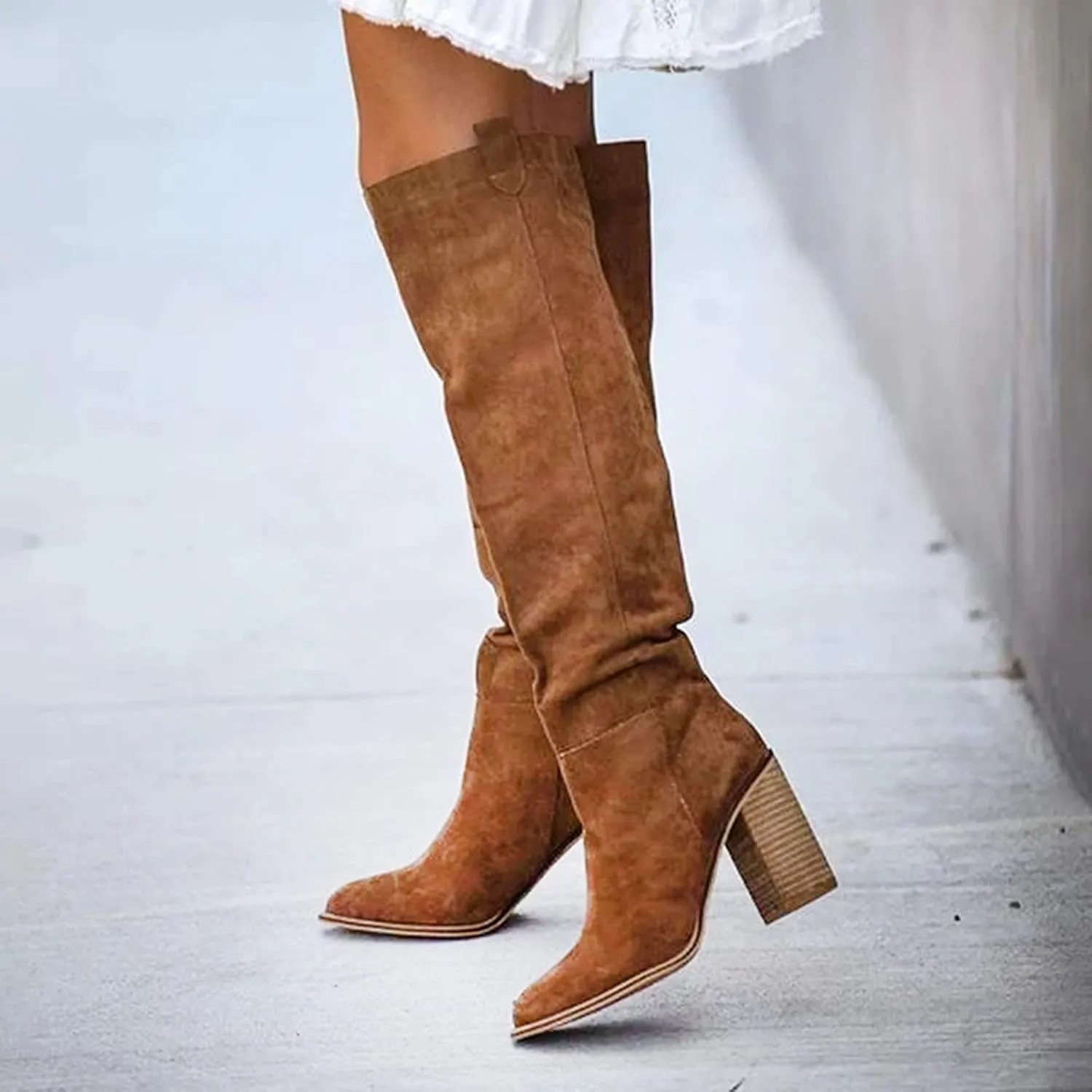 Combat Boots Womens High Chunky Heeled Knee High Boots Pull On Pointed Suede Thigh High Boots Long Bootie