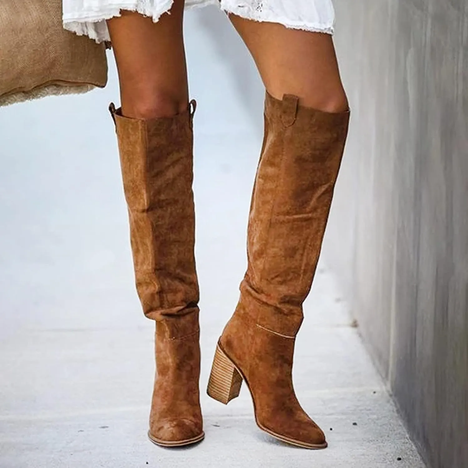 Combat Boots Womens High Chunky Heeled Knee High Boots Pull On Pointed Suede Thigh High Boots Long Bootie