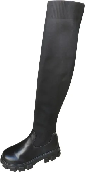 Combat Boots Womens Lug Sole Thigh High Boots Stretch Platform Knee High Boots Over Knee Tall Long Bootie