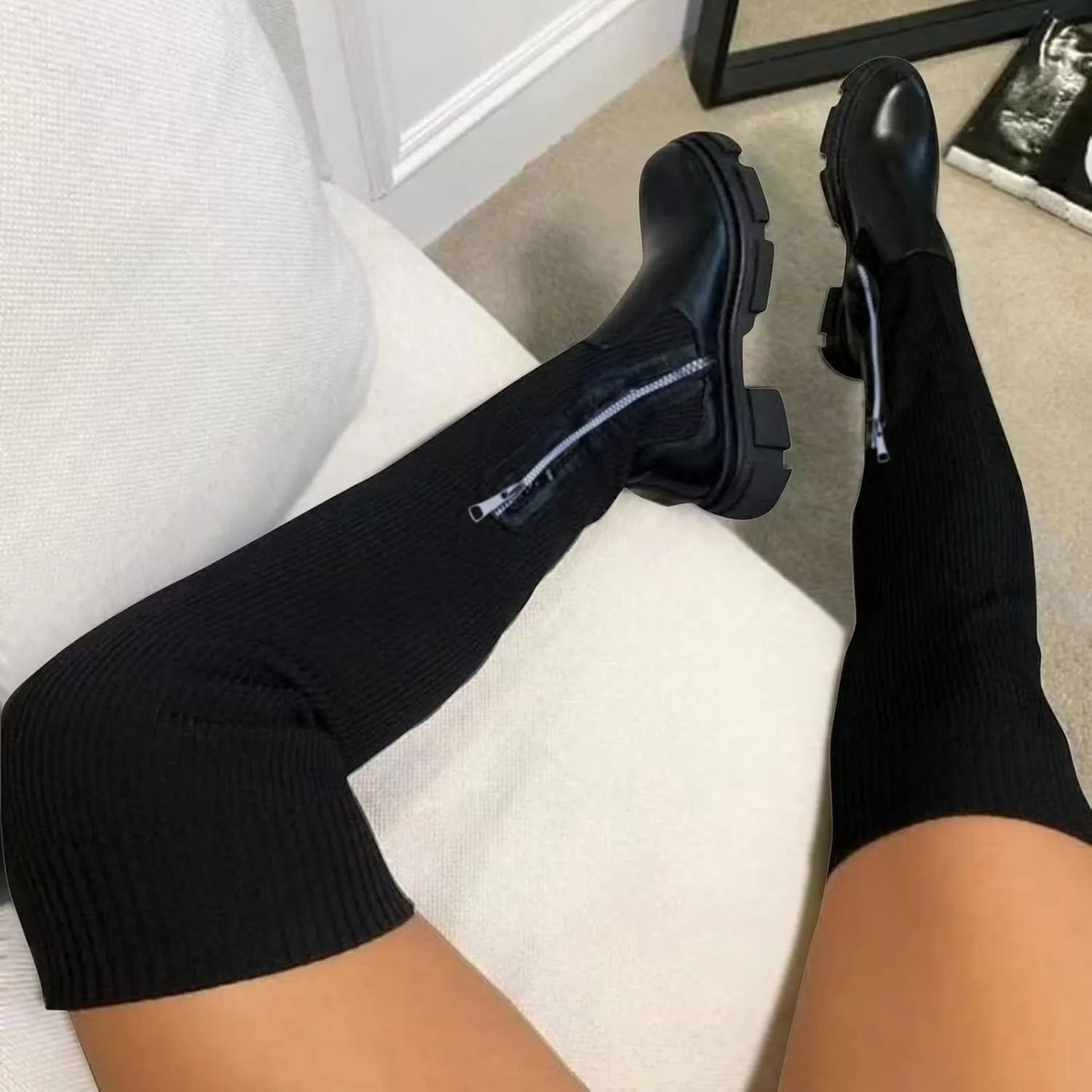 Combat Boots Womens Lug Sole Thigh High Boots Stretch Platform Knee High Boots Over Knee Tall Long Bootie