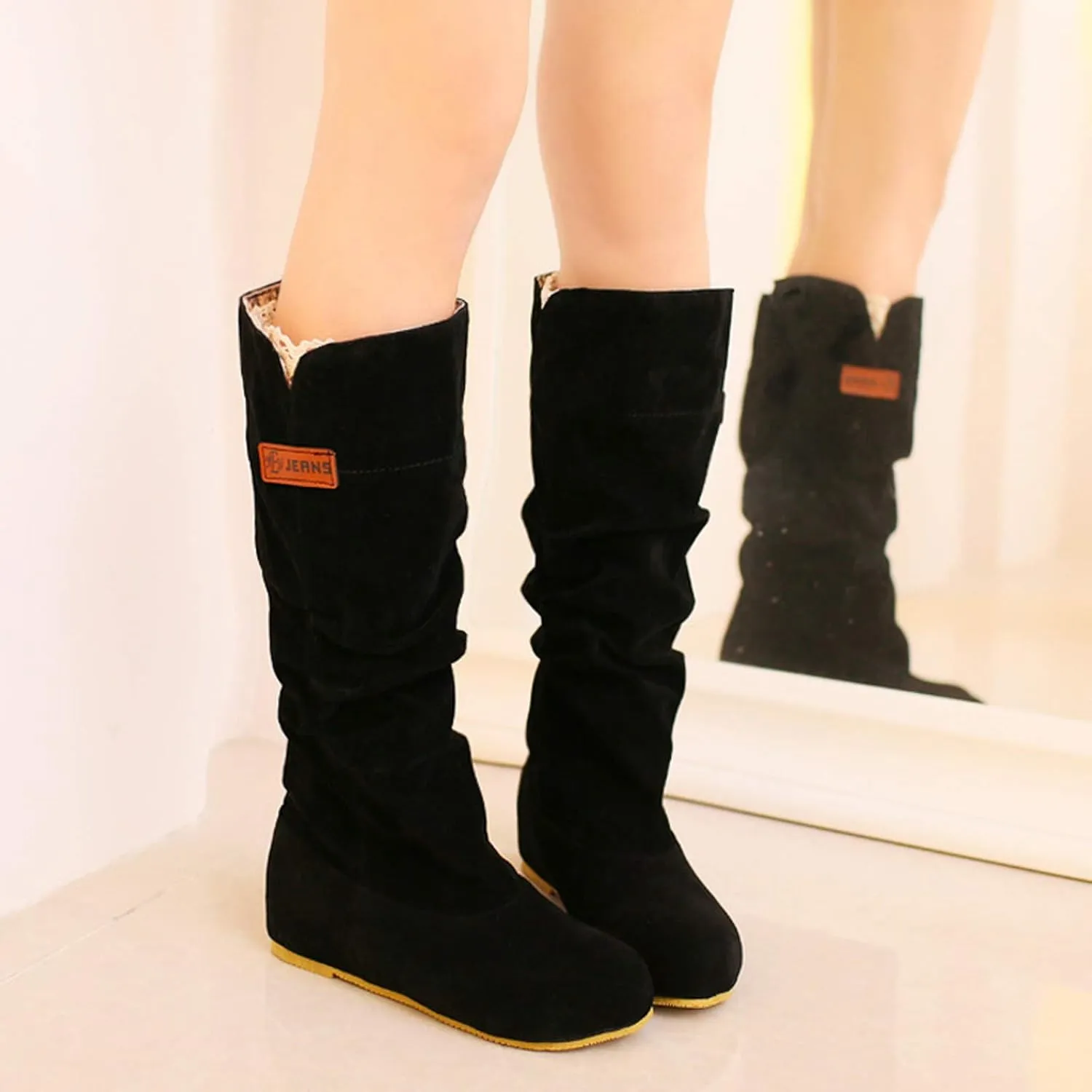 Combat Boots Womens Pull On Flat Thigh High Boots Suede Mid-Calf Knee High Boots Fall Work Tall Long Bootie