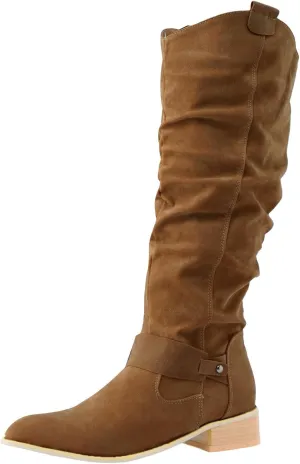 Combat Boots Womens Retro Solid Color Thigh High Boots Pleated Suede Chunky Heeled Knee High Cowgirl Boots