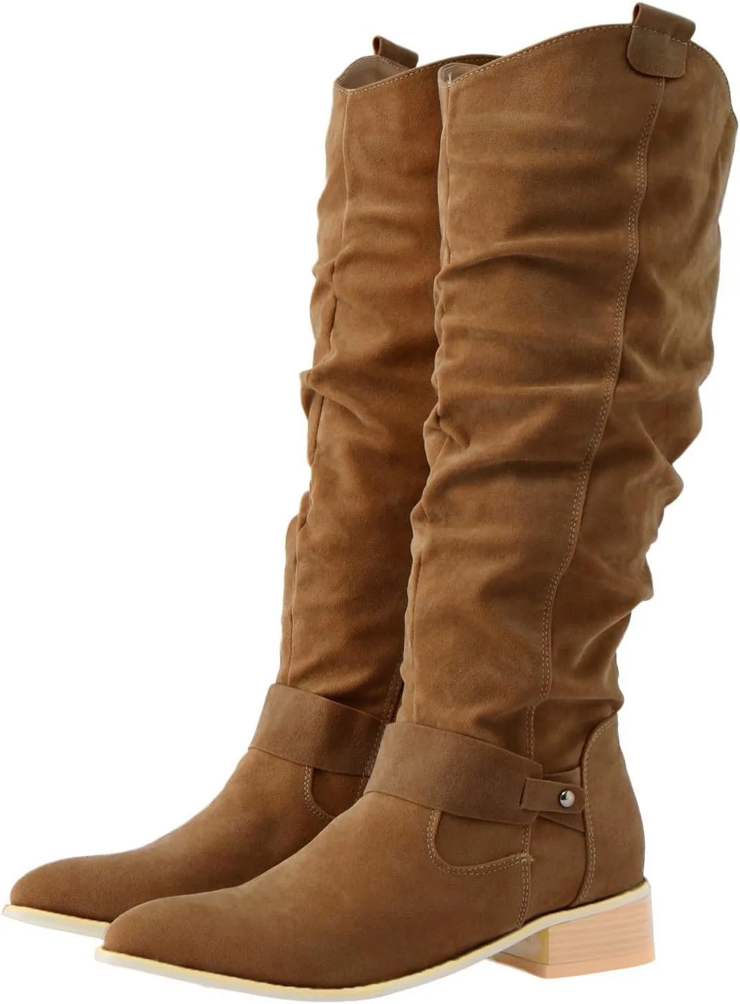 Combat Boots Womens Retro Solid Color Thigh High Boots Pleated Suede Chunky Heeled Knee High Cowgirl Boots