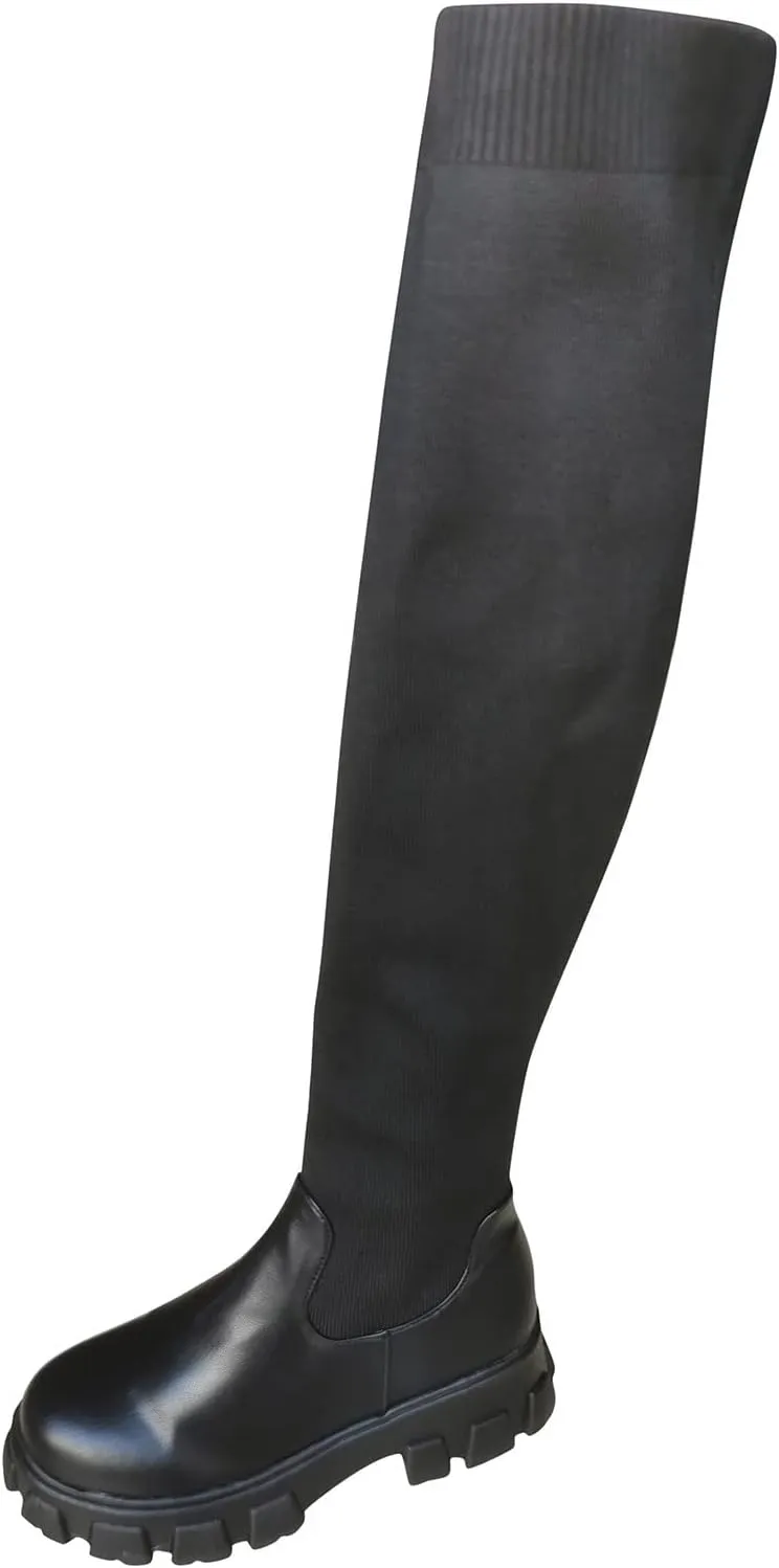 Cowboy Boots For Women Lug Sole Thigh High Boots Stretch Platform Knee High Boots Over Knee Tall Long Bootie