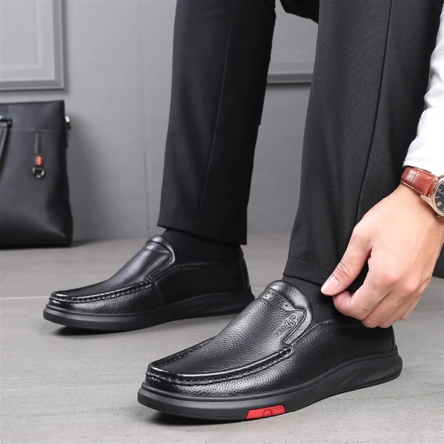 Dress Shoes for Men Men's Genuine Leather Loafers with Rubber Outsole Comfortable Casual Shoes for Older Men