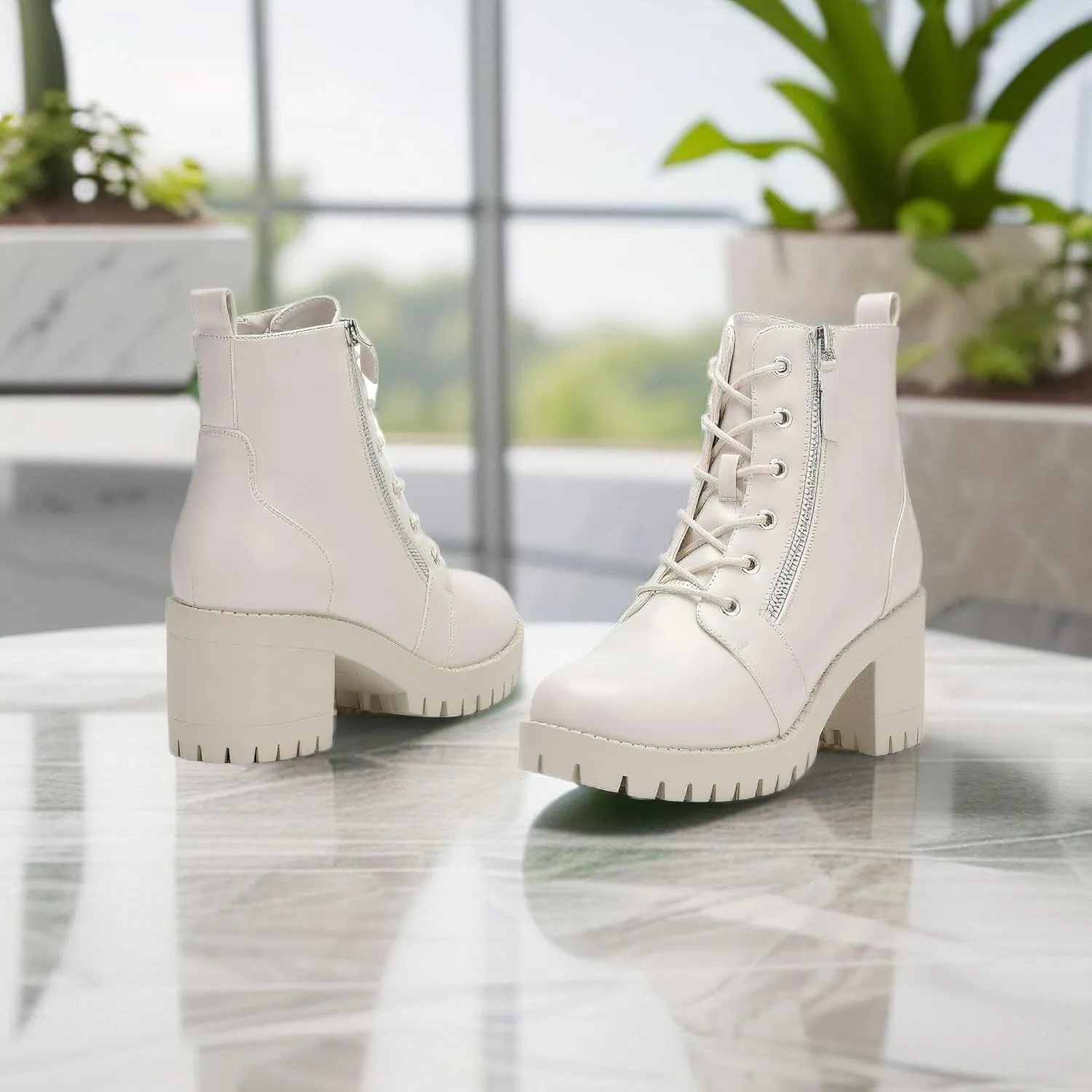 EETTARO Women's Fashion Chunky Heel Ankle Boots Lug Sole Lace Up Boot Ladies Side Zip Round Toe Anti-Slip Booties