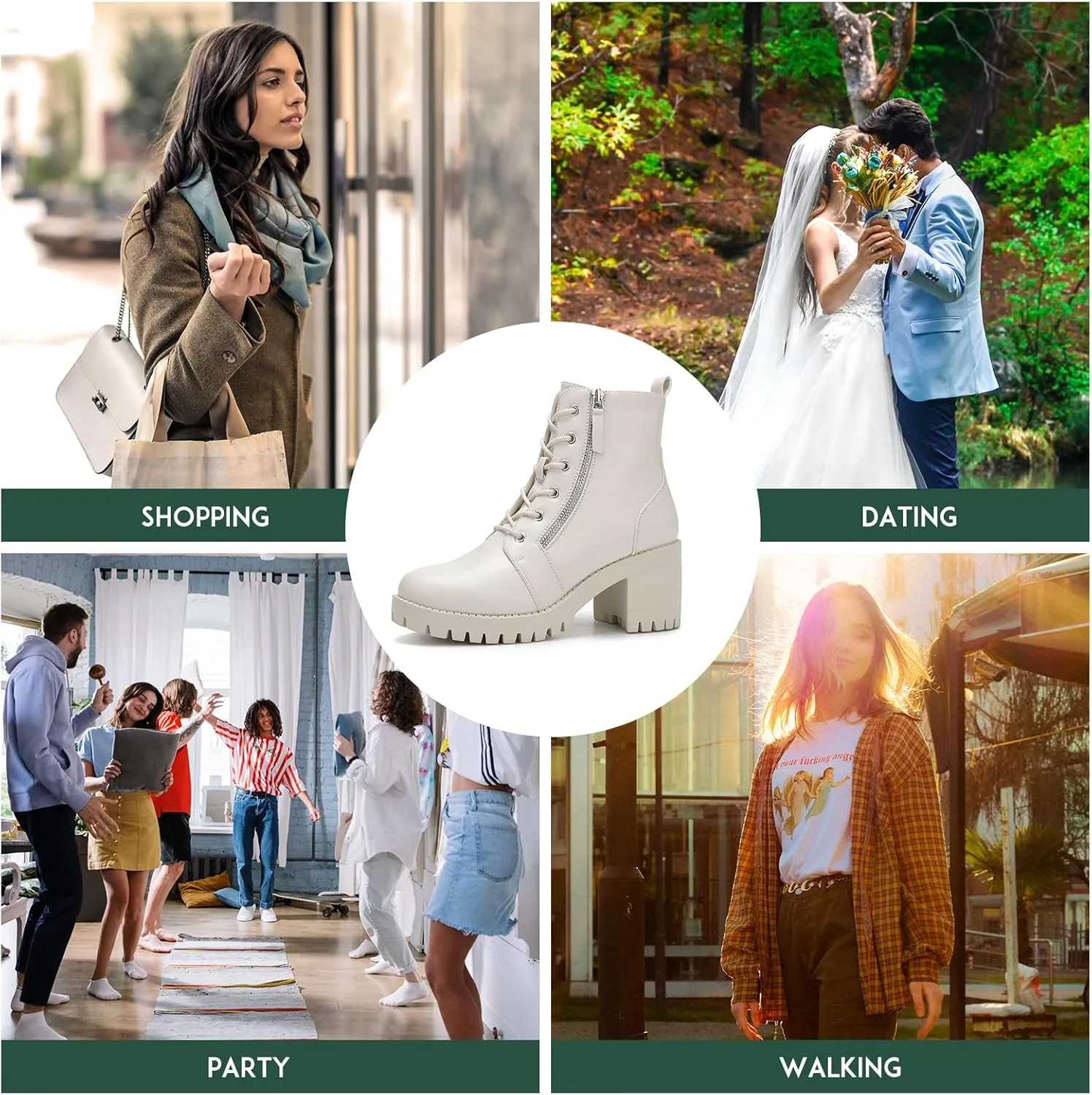 EETTARO Women's Fashion Chunky Heel Ankle Boots Lug Sole Lace Up Boot Ladies Side Zip Round Toe Anti-Slip Booties