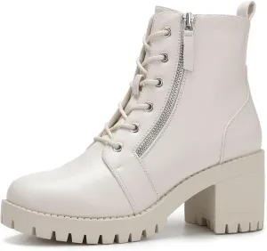 EETTARO Women's Fashion Chunky Heel Ankle Boots Lug Sole Lace Up Boot Ladies Side Zip Round Toe Anti-Slip Booties