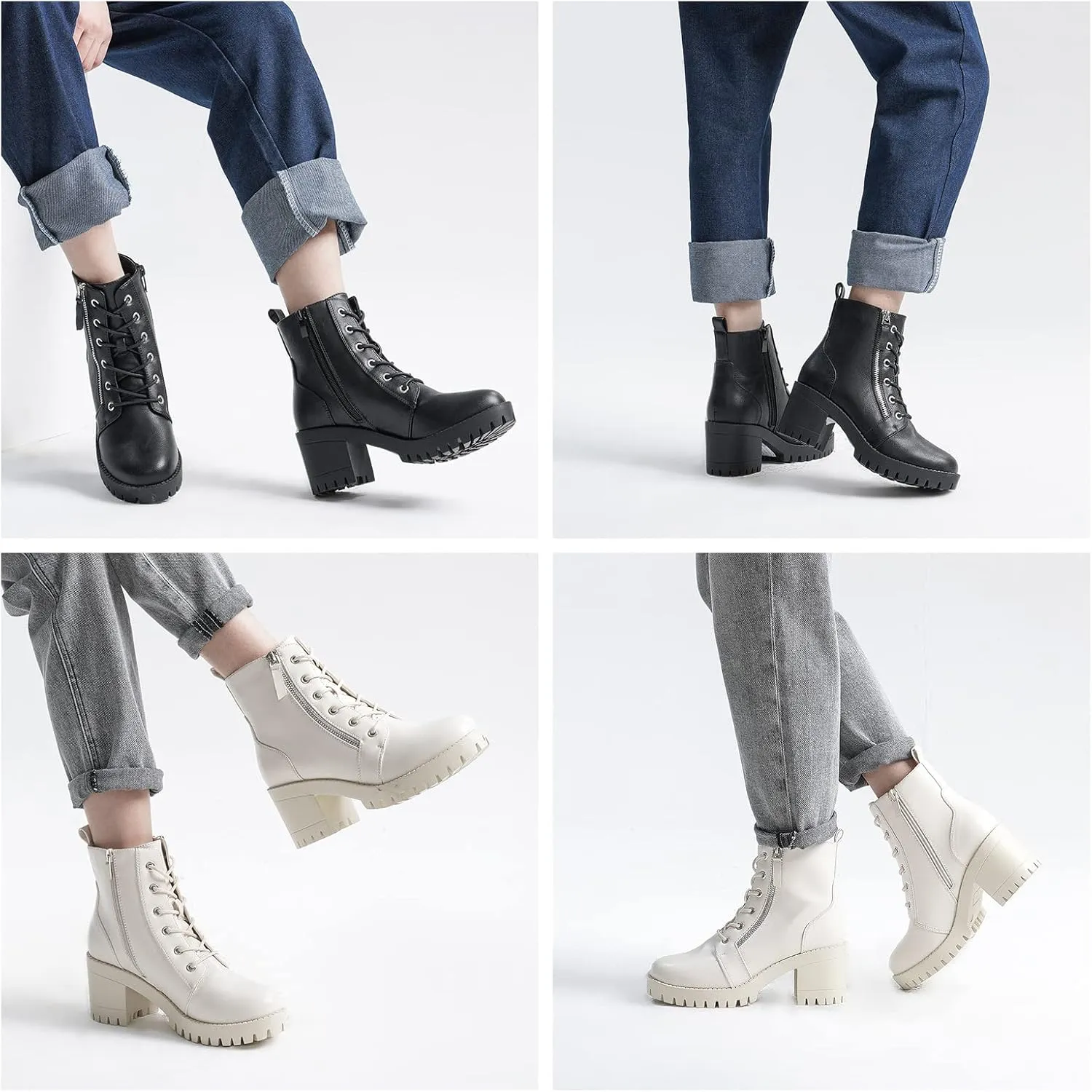 EETTARO Women's Fashion Chunky Heel Ankle Boots Lug Sole Lace Up Boot Ladies Side Zip Round Toe Anti-Slip Booties