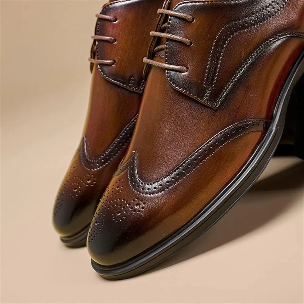 HOOENG Oxford Shoes for Men Lace Up Derby Shoes Brogue Brocaded Wing-tip Round Toe Leather Rubber Sole Anti-Slip Slip Immune Low Top Non Slip Prom