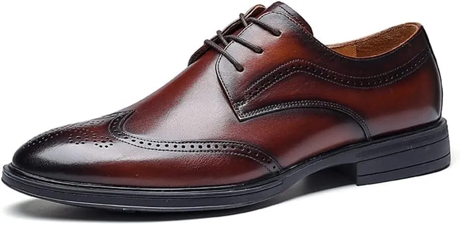 HOOENG Oxford Shoes for Men Lace Up Derby Shoes Brogue Brocaded Wing-tip Round Toe Leather Rubber Sole Anti-Slip Slip Immune Low Top Non Slip Prom