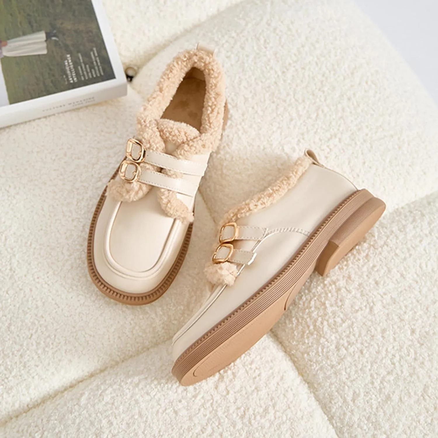 Loafers for Women Slip On Comfortable Casual Shoes Women's Platform Chunky Heels Loafers Business Dress Shoes (Apricot,9)