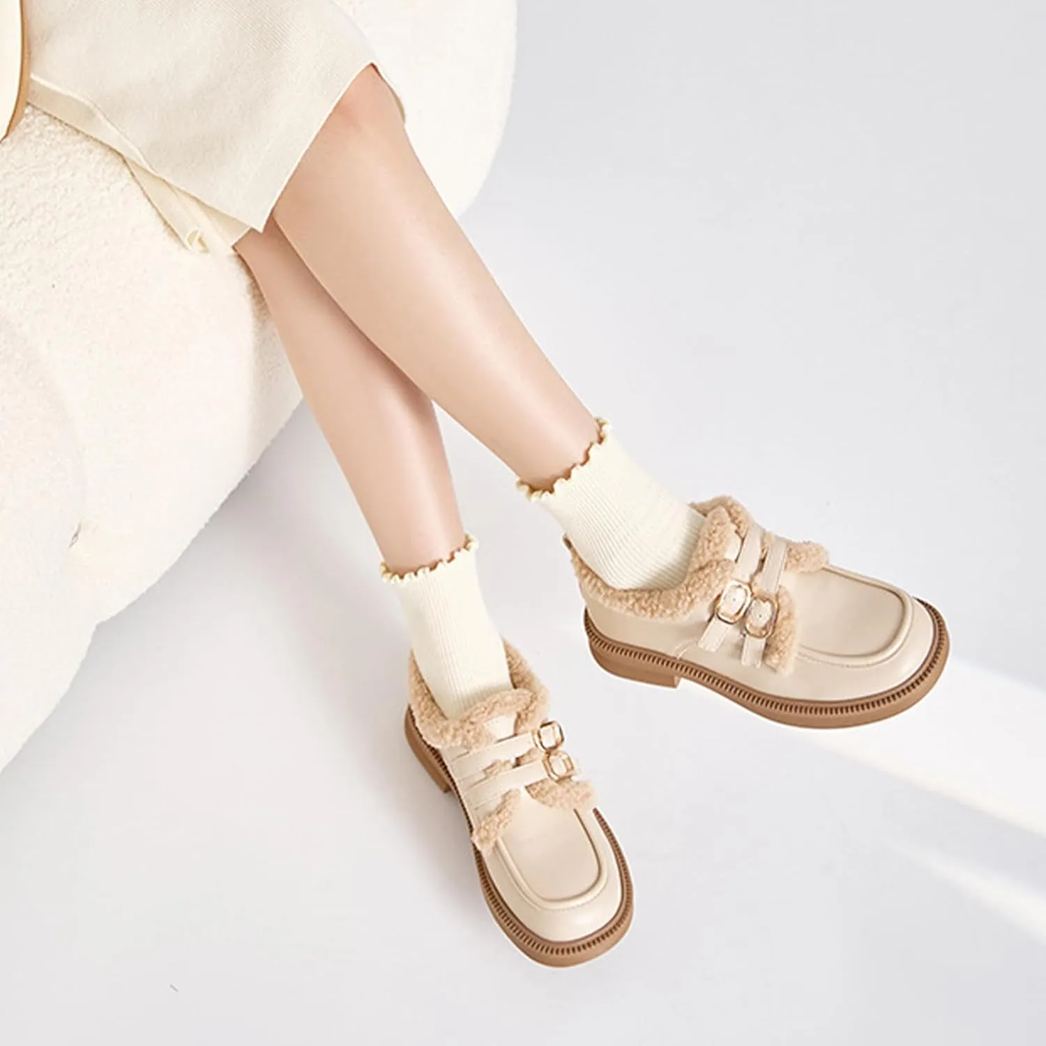 Loafers for Women Slip On Comfortable Casual Shoes Women's Platform Chunky Heels Loafers Business Dress Shoes (Apricot,9)