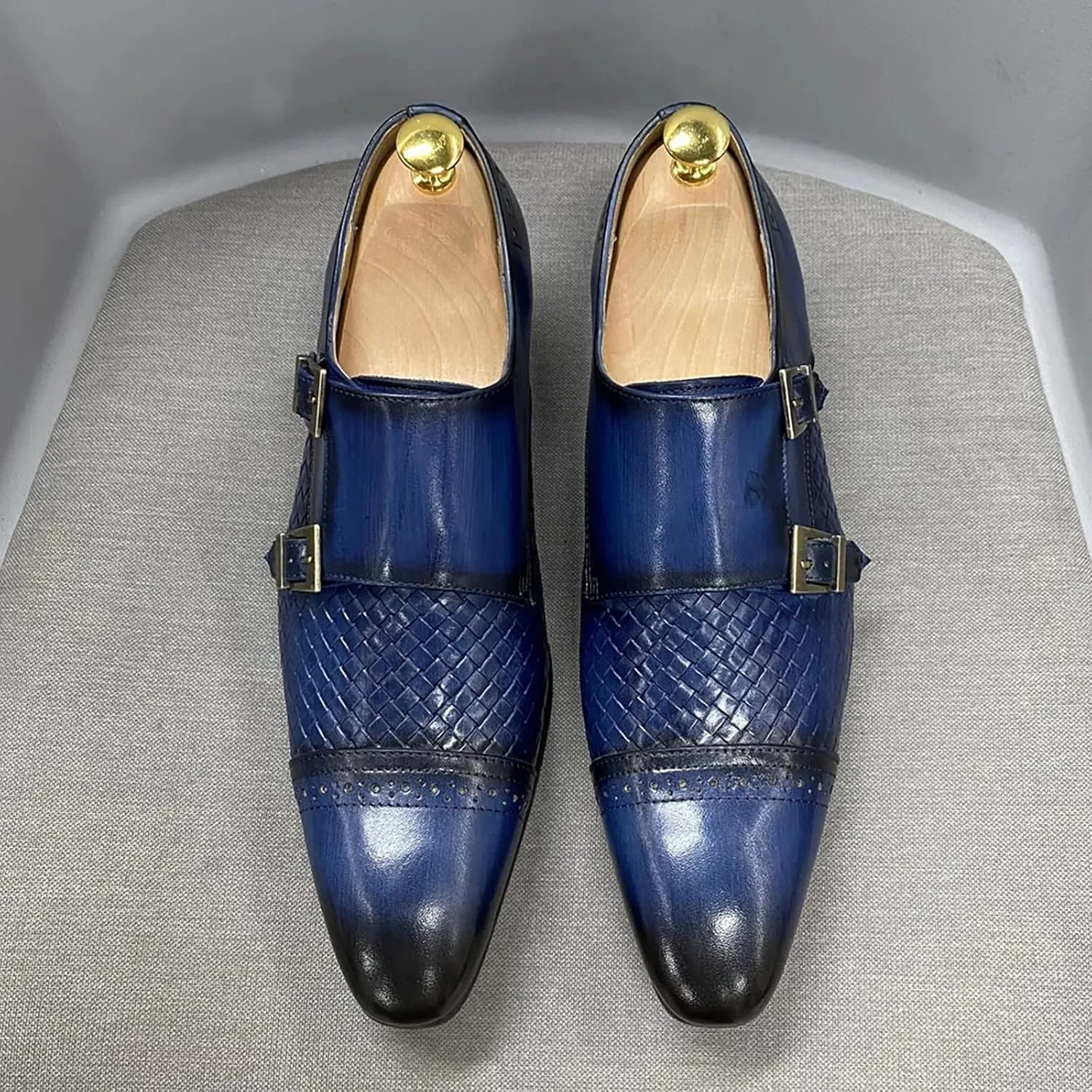 Men Loafers Dress Shoes Leather Brogues Slip On Moccasins Double Buckle Monk Shoe Wedding Office Formal Shoes,Blue-43