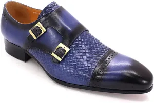 Men Loafers Dress Shoes Leather Brogues Slip On Moccasins Double Buckle Monk Shoe Wedding Office Formal Shoes,Blue-43