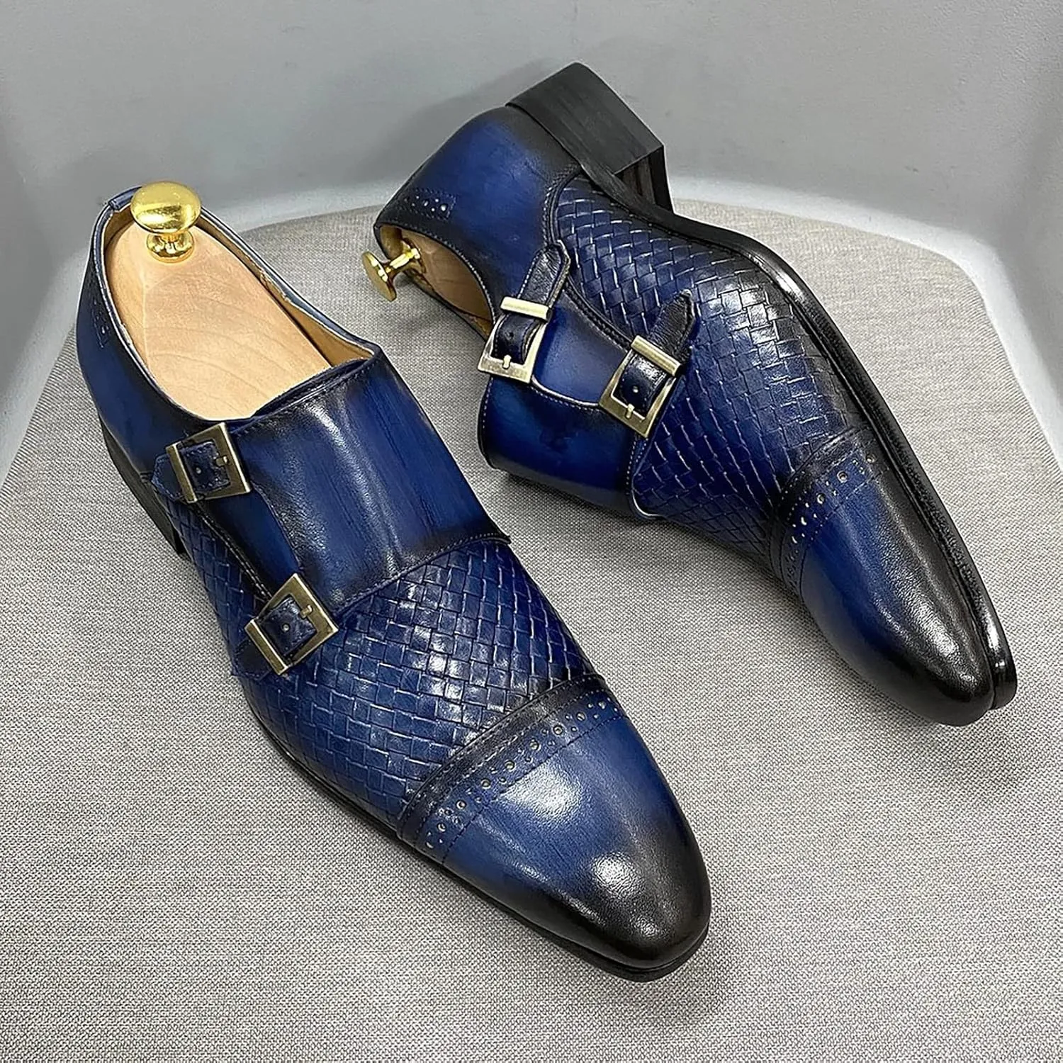 Men Loafers Dress Shoes Leather Brogues Slip On Moccasins Double Buckle Monk Shoe Wedding Office Formal Shoes,Blue-43