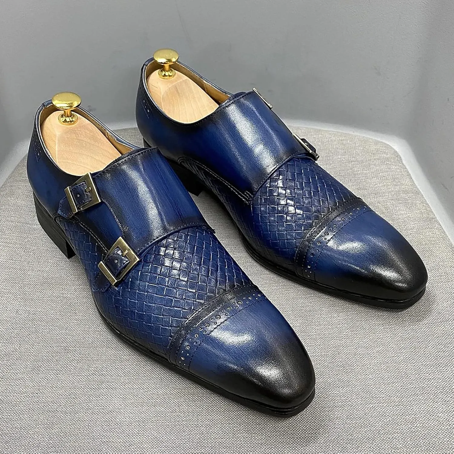 Men Loafers Dress Shoes Leather Brogues Slip On Moccasins Double Buckle Monk Shoe Wedding Office Formal Shoes,Blue-43