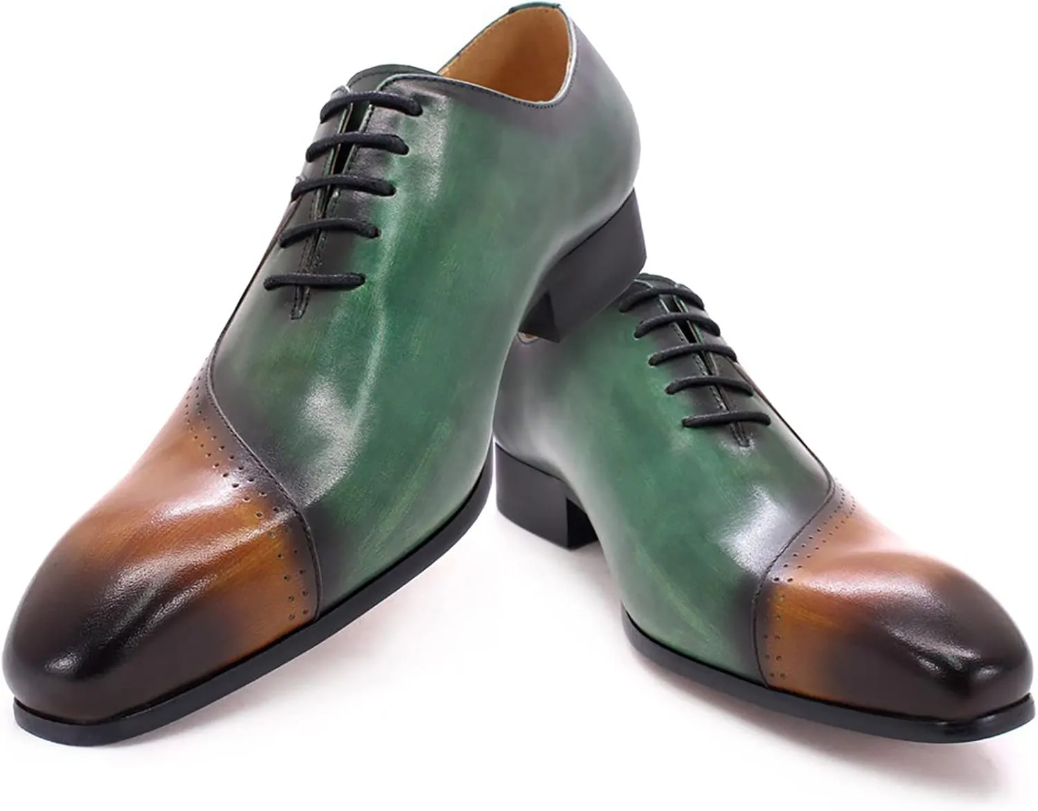 Mens Brown and Green Leather Uniform Shoes Dress Formal Lace Up Derby Shoe Classic Work Oxfords Office Wedding,Brown-46