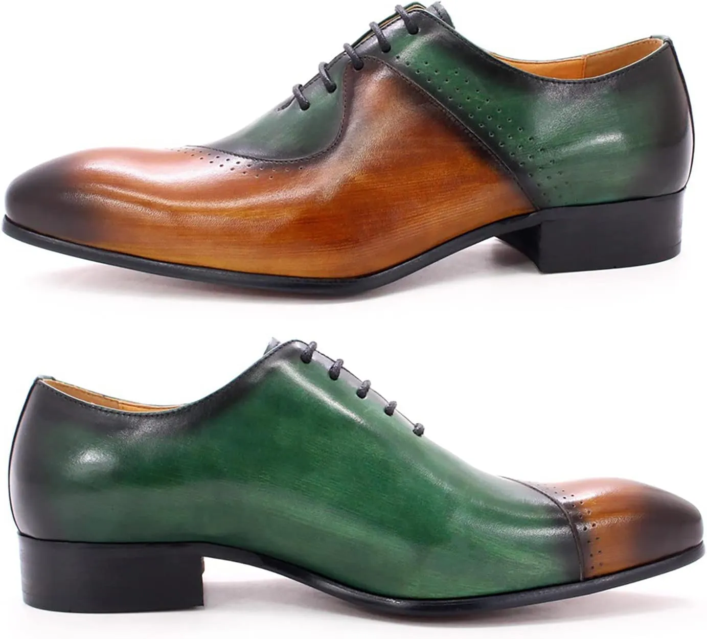 Mens Brown and Green Leather Uniform Shoes Dress Formal Lace Up Derby Shoe Classic Work Oxfords Office Wedding,Brown-46