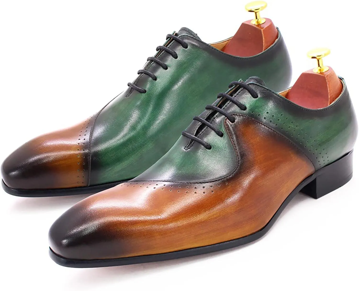 Mens Brown and Green Leather Uniform Shoes Dress Formal Lace Up Derby Shoe Classic Work Oxfords Office Wedding,Brown-46