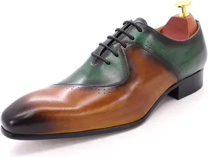 Mens Brown and Green Leather Uniform Shoes Dress Formal Lace Up Derby Shoe Classic Work Oxfords Office Wedding,Brown-46