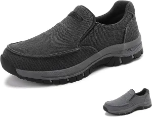 Men's Canvas Slip On Casual Walking Shoes Vintage Orthopedic Arch Support Round Toe Flat Loafers Outdoor Hiking Camping Driving Sneakers
