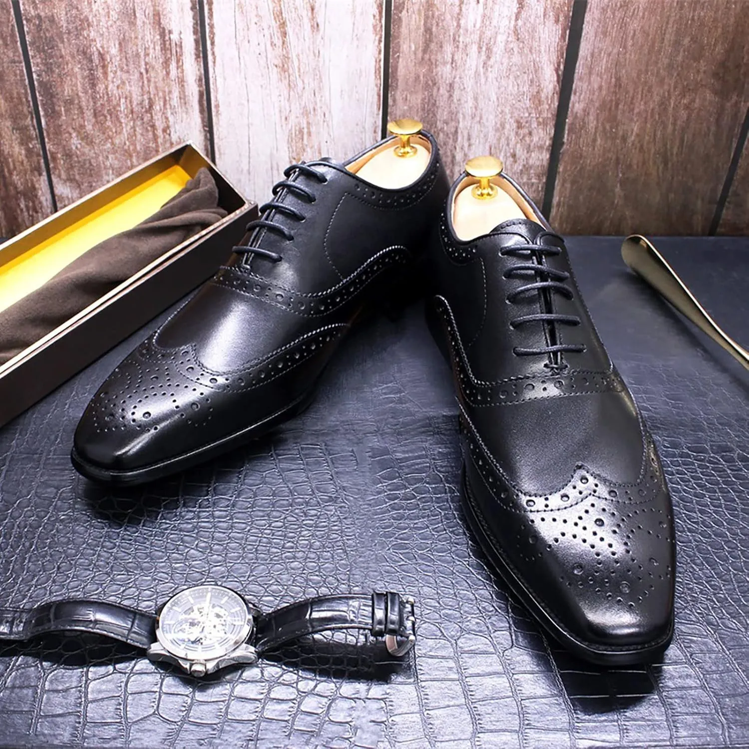 Men's Dress Shoes Lace-up Brogues Oxford Formal Shoes Wedding Work Leather Derbys Office,Black-38