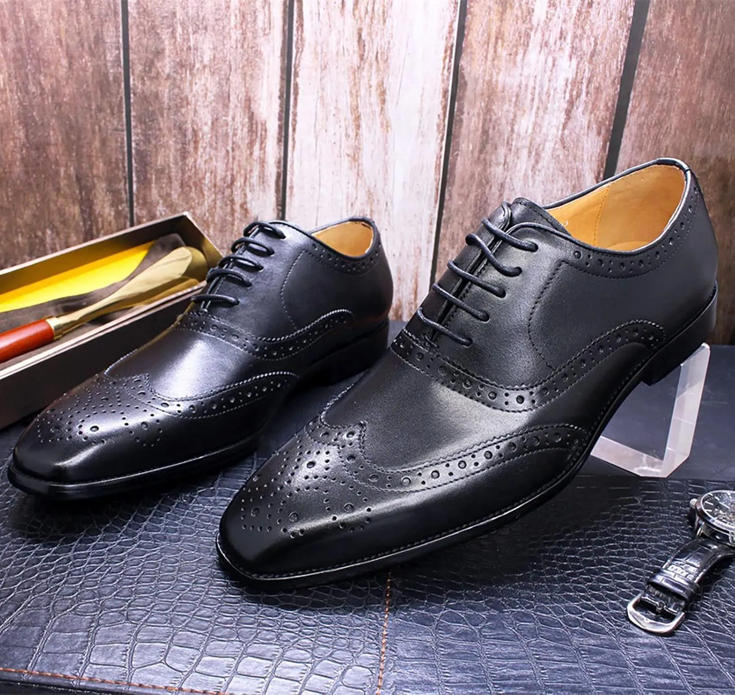 Men's Dress Shoes Lace-up Brogues Oxford Formal Shoes Wedding Work Leather Derbys Office,Black-38