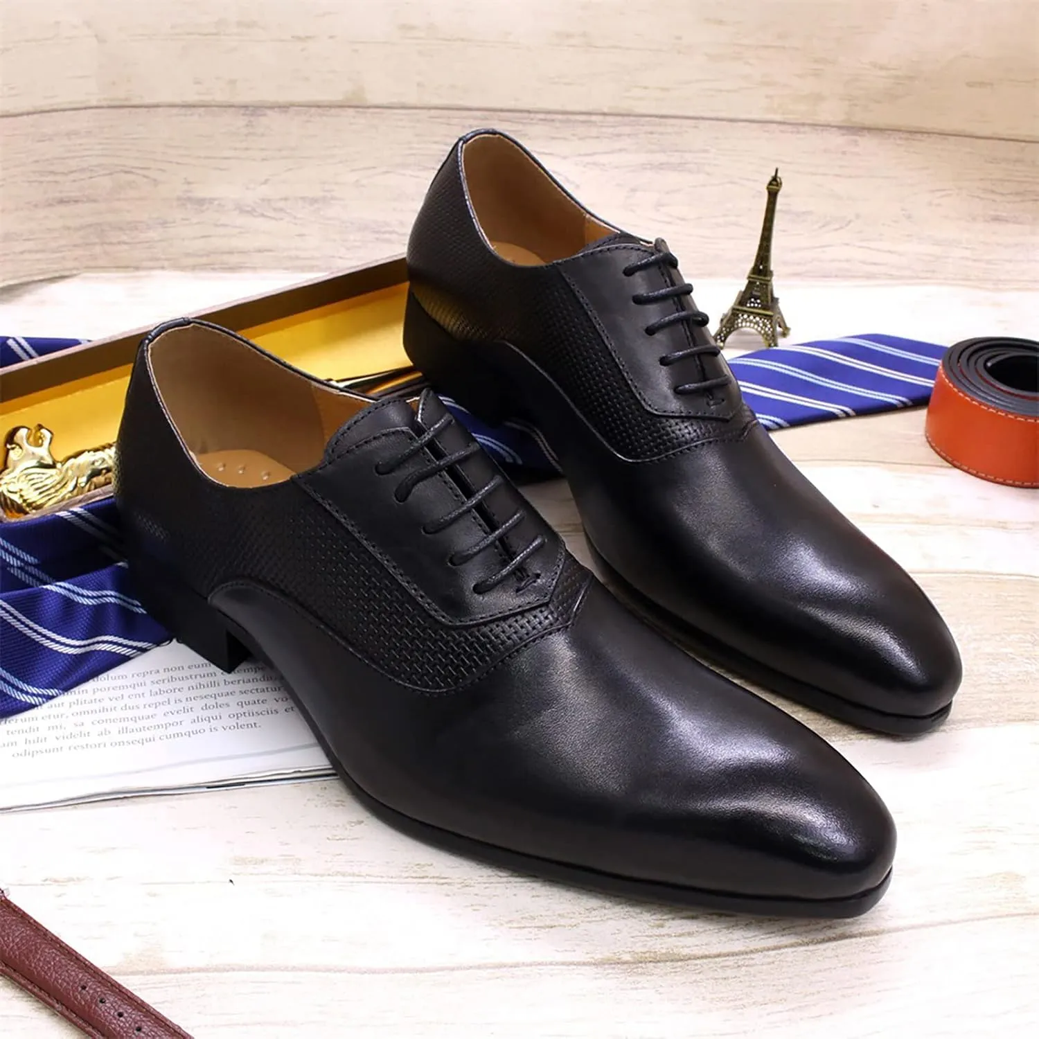 Mens Formal Dress Oxfords Work Uniform Leather Lace-up Brogues Wedding Party Derbys Pointed Toe,Black-42