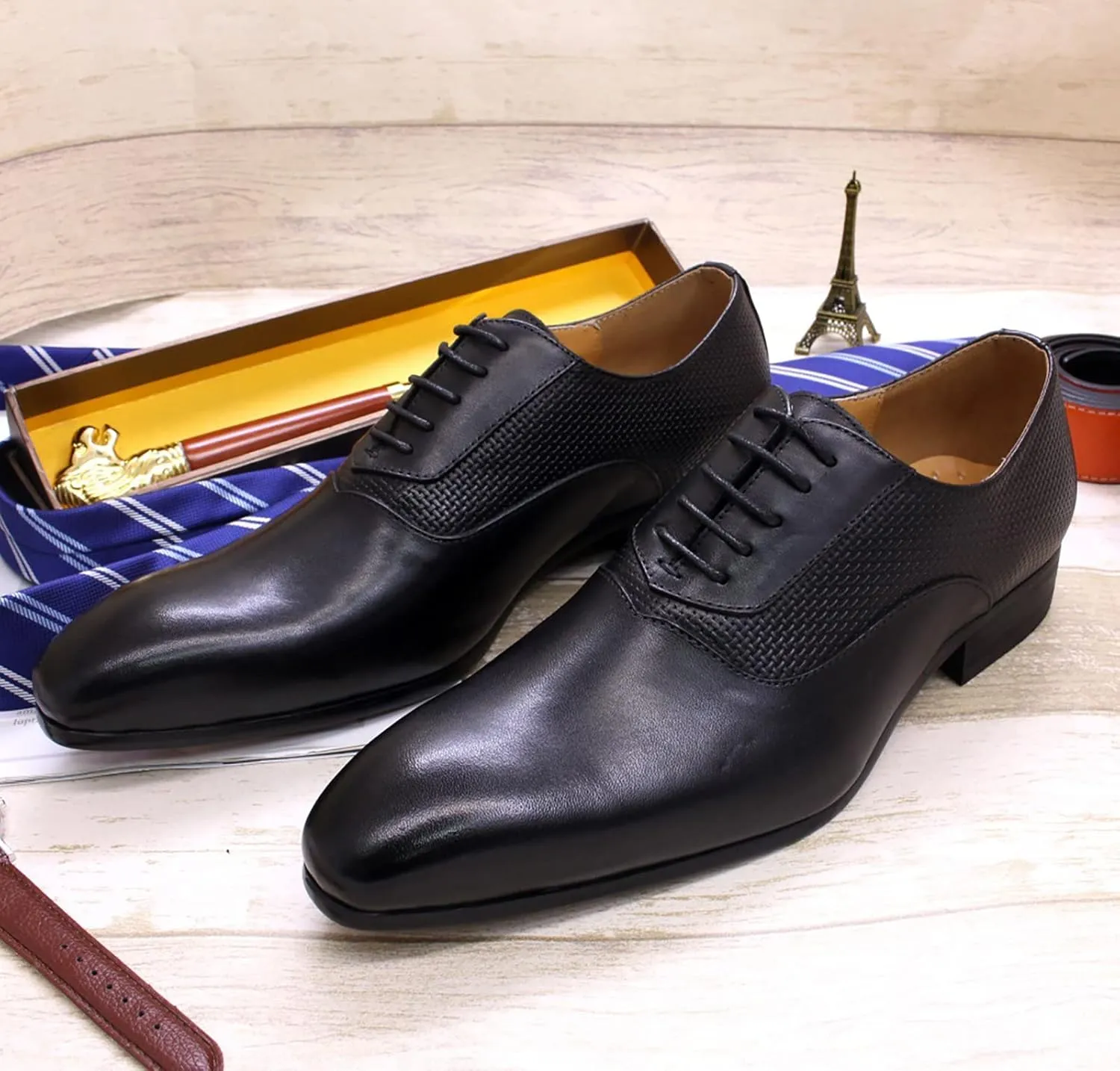 Mens Formal Dress Oxfords Work Uniform Leather Lace-up Brogues Wedding Party Derbys Pointed Toe,Black-42