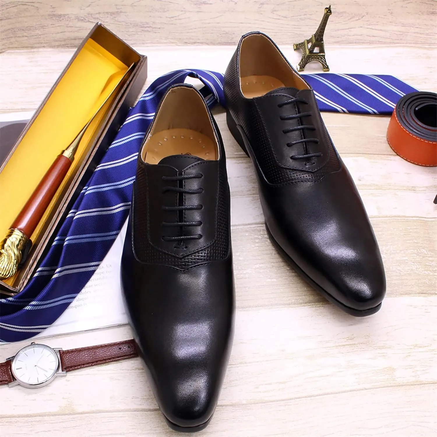 Mens Formal Dress Oxfords Work Uniform Leather Lace-up Brogues Wedding Party Derbys Pointed Toe,Black-42