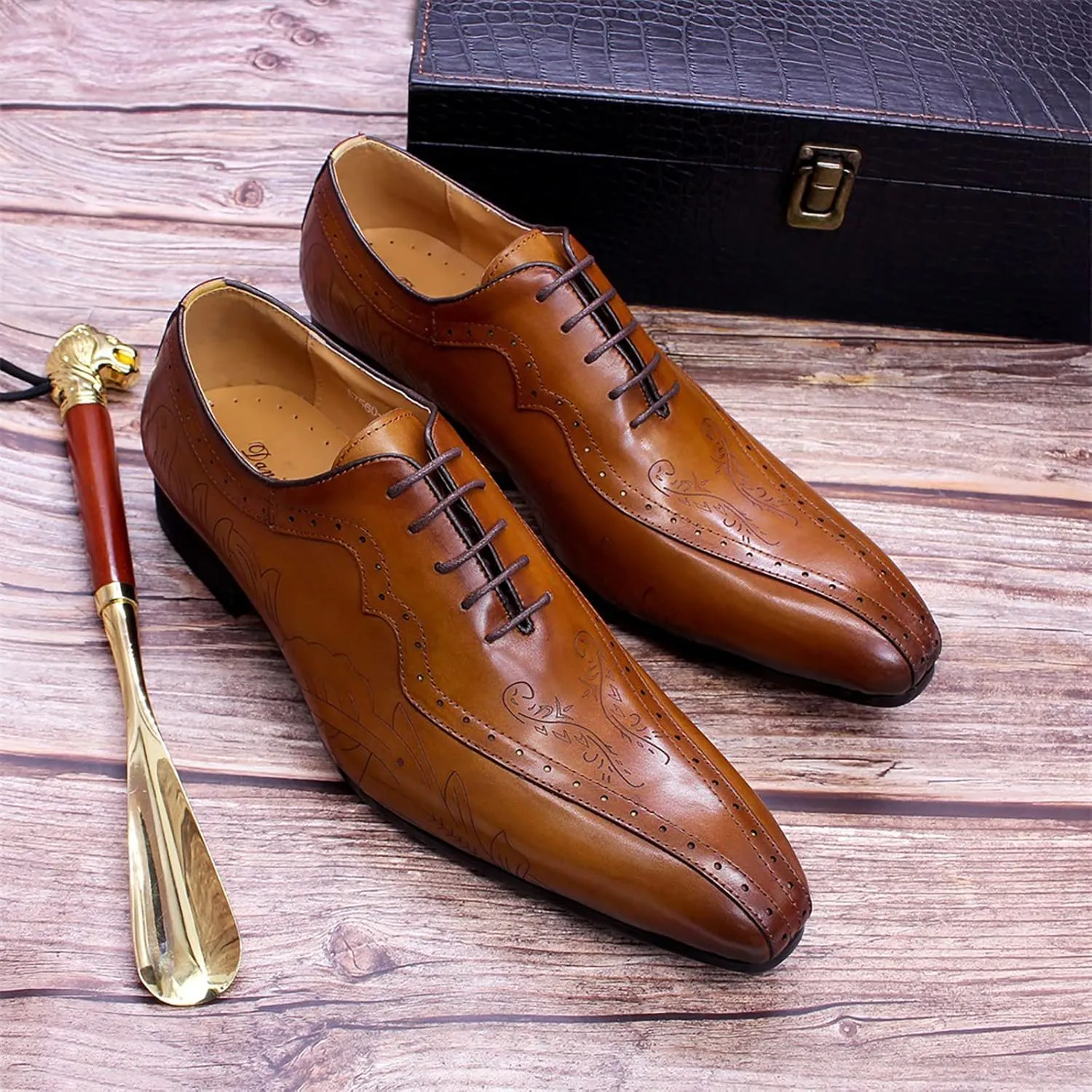 Men's Formal Dress Shoes Breathable Brogues Derbys Classic Oxfords Leather Lace-ups,Brown-38
