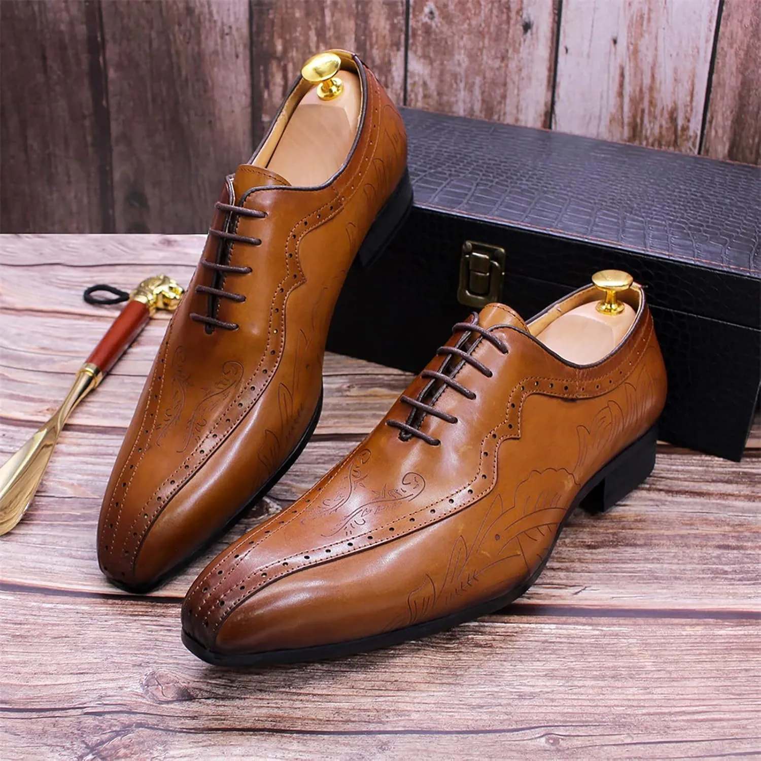 Men's Formal Dress Shoes Breathable Brogues Derbys Classic Oxfords Leather Lace-ups,Brown-38