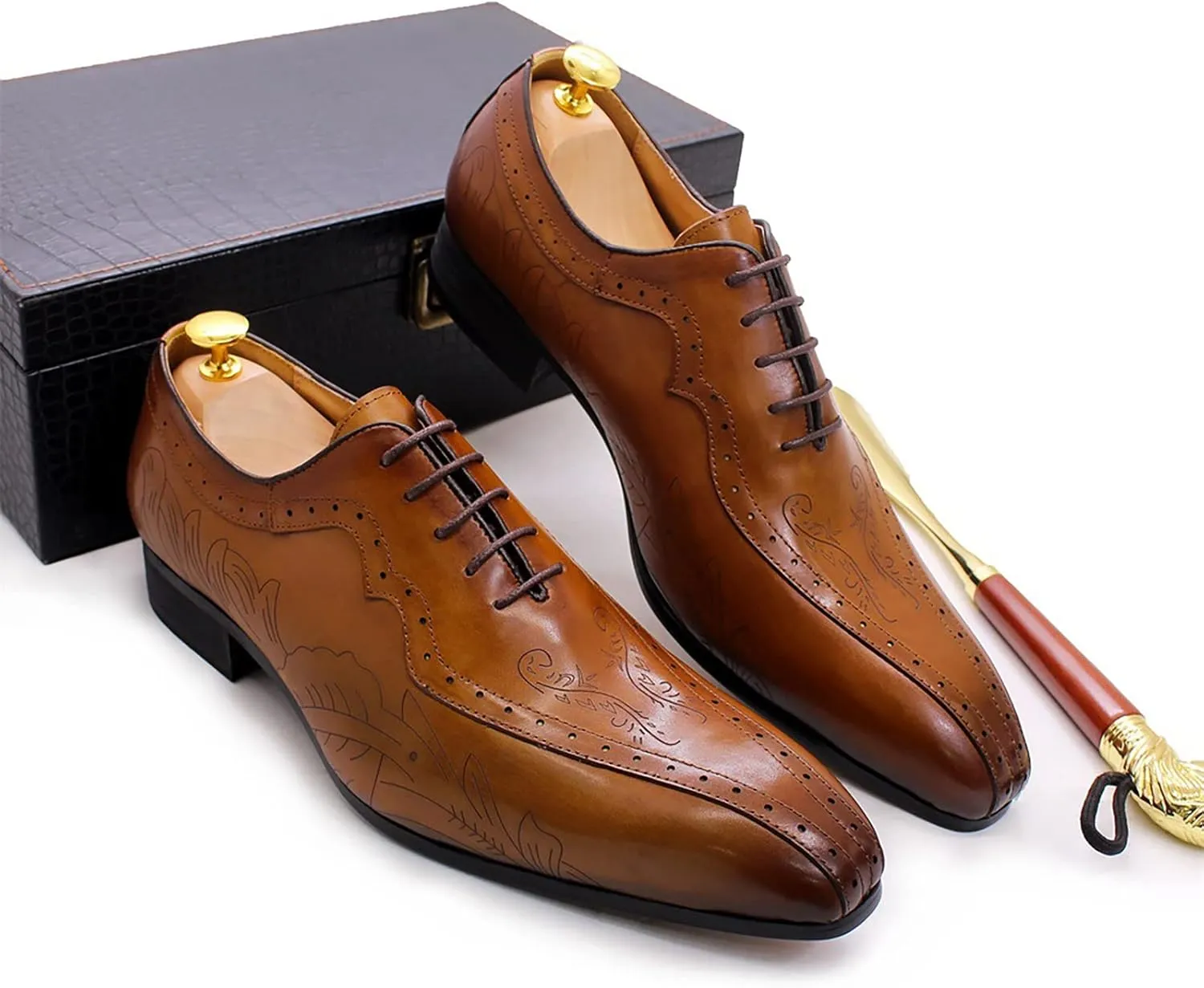 Men's Formal Dress Shoes Breathable Brogues Derbys Classic Oxfords Leather Lace-ups,Brown-38