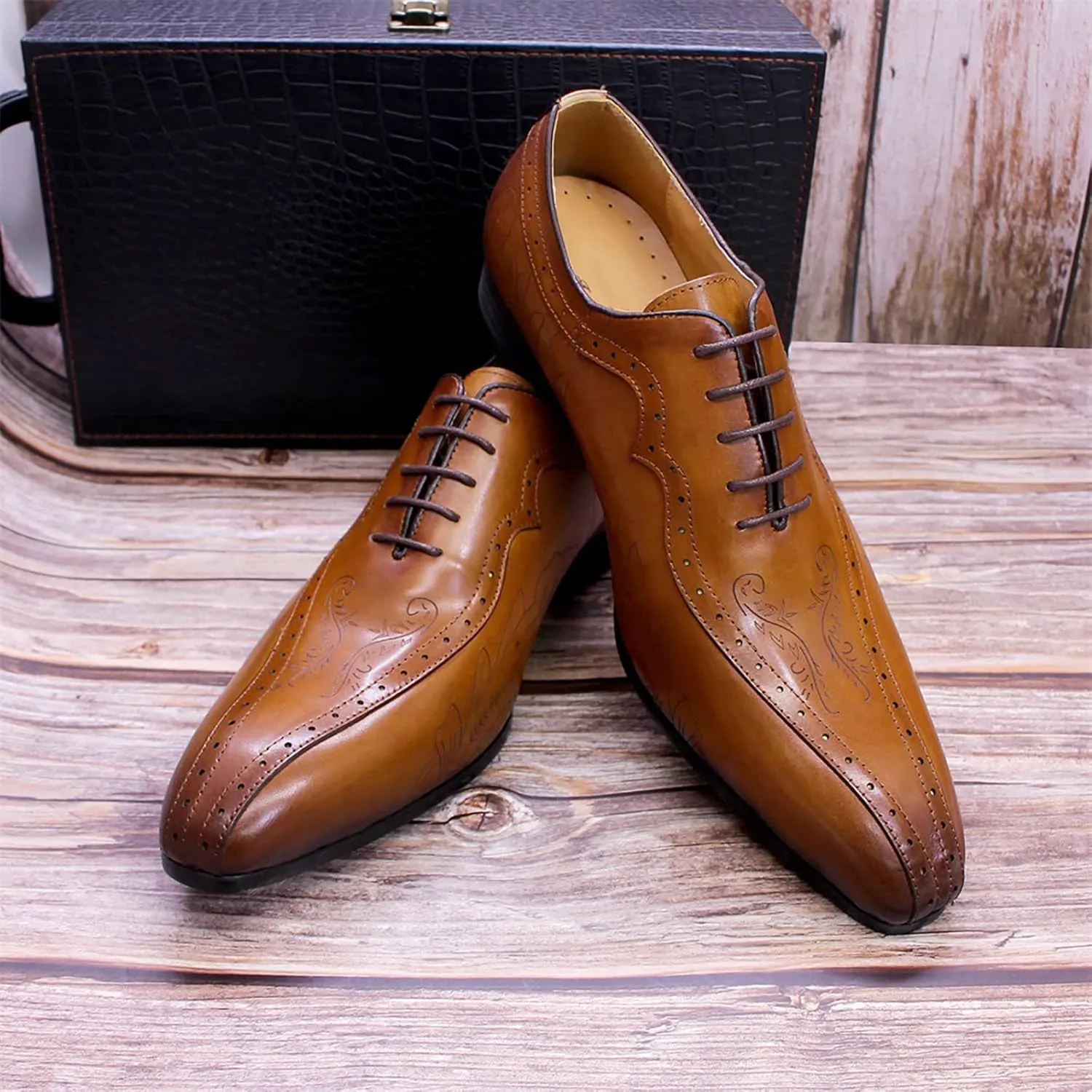 Men's Formal Dress Shoes Breathable Brogues Derbys Classic Oxfords Leather Lace-ups,Brown-43