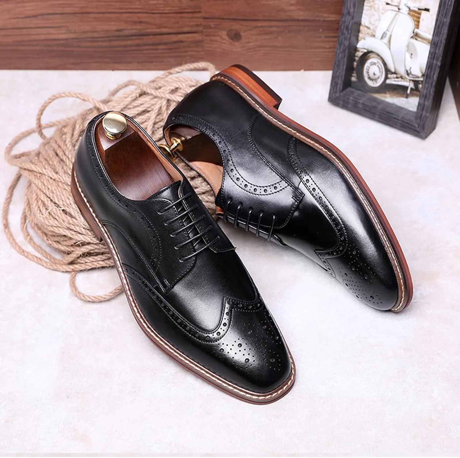 Men's Formal Shoes Leather Brogues Derbys Lace-Up Oxfords Smart Wedding Office Dress Oxford Shoes for Business Black- US8/UK7/EU40