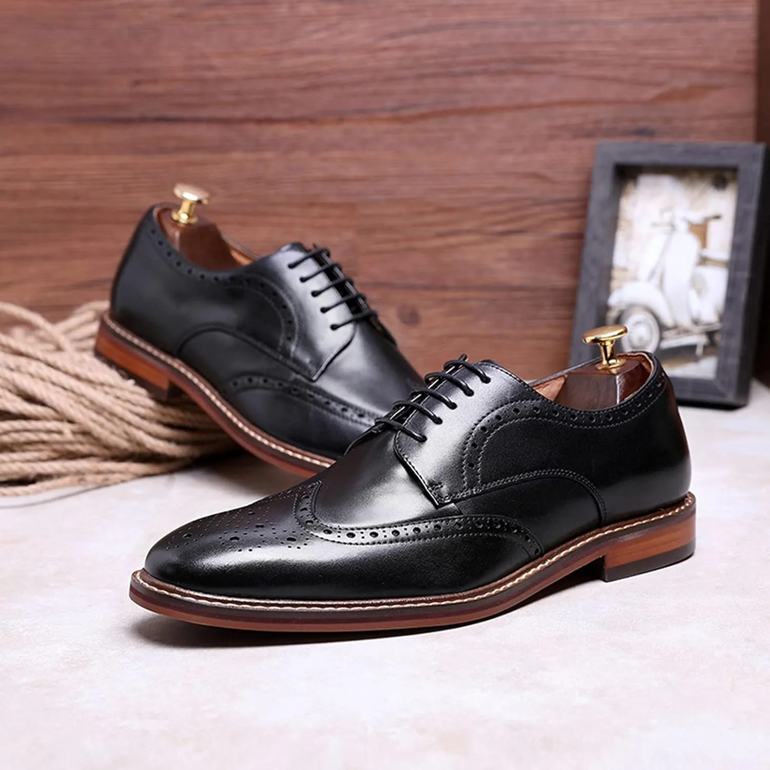 Men's Formal Shoes Leather Brogues Derbys Lace-Up Oxfords Smart Wedding Office Dress Oxford Shoes for Business Black- US8/UK7/EU40