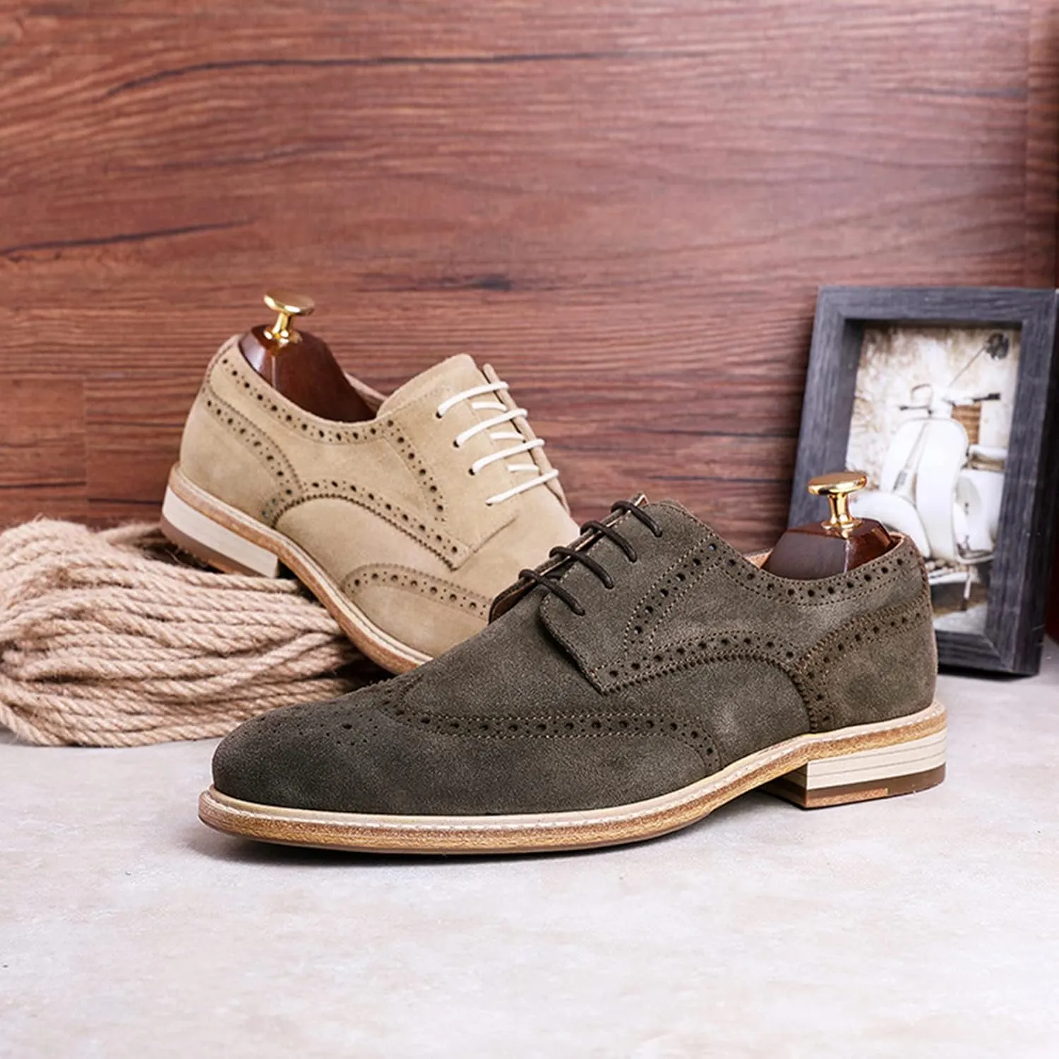 Men's Formal Shoes Leather Brogues Derbys Lace-Up Oxfords Smart Wedding Office Dress Oxford Shoes for Business Sand- US8/UK7/EU40