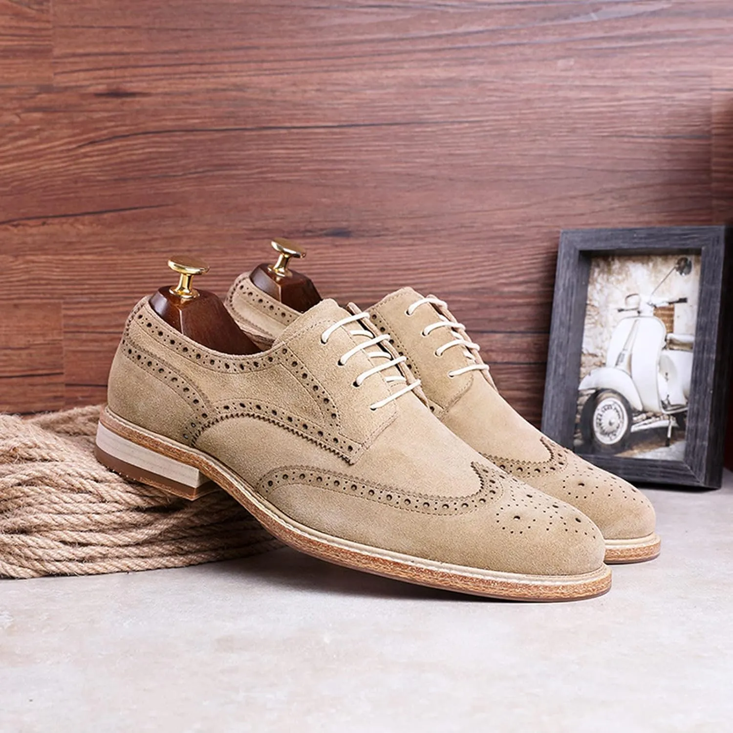 Men's Formal Shoes Leather Brogues Derbys Lace-Up Oxfords Smart Wedding Office Dress Oxford Shoes for Business Sand- US8/UK7/EU40