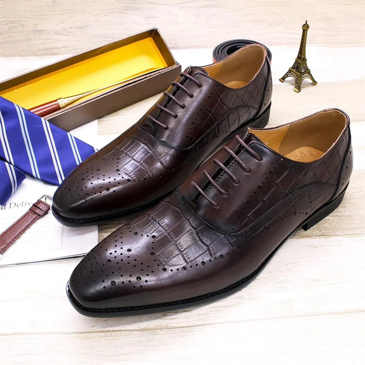 Men's Lace-up Brogues Casual Oxford Shoes Formal Derbys Breathable Leather Dress Shoes,Brown-39