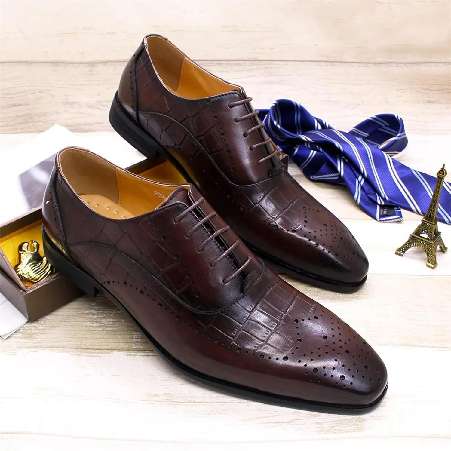 Men's Lace-up Brogues Casual Oxford Shoes Formal Derbys Breathable Leather Dress Shoes,Brown-39