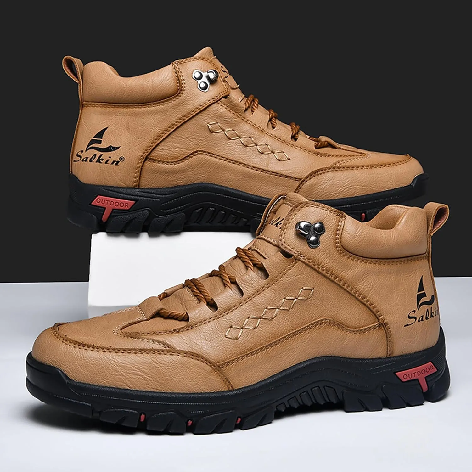 Men'S Leather Lace-Up Platform Hiking Boots Fashion Handmade High-Top Waterproof Non-Slip Oxford Ankle Boots For Trail Travel Outdoor Casual Boots