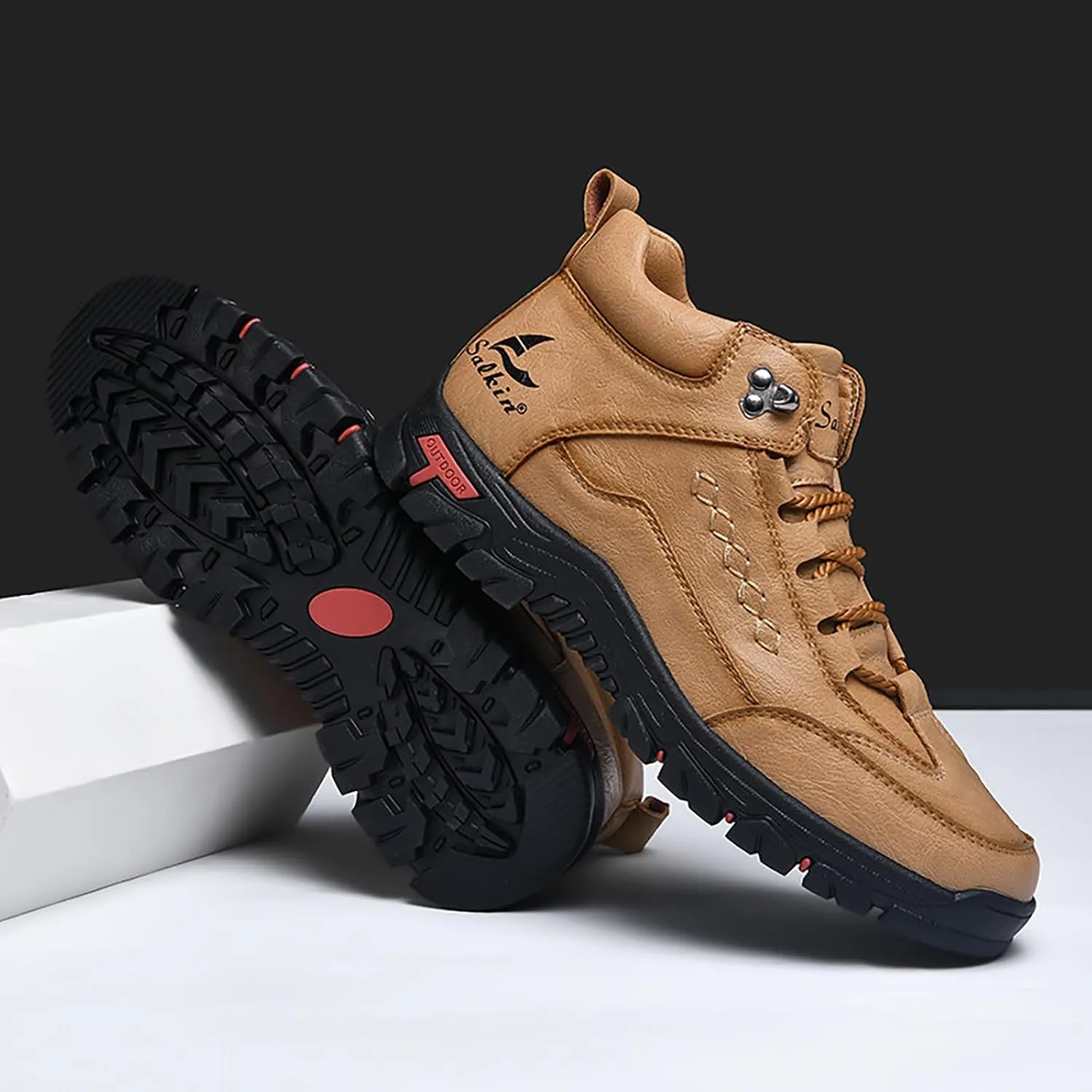 Men'S Leather Lace-Up Platform Hiking Boots Fashion Handmade High-Top Waterproof Non-Slip Oxford Ankle Boots For Trail Travel Outdoor Casual Boots