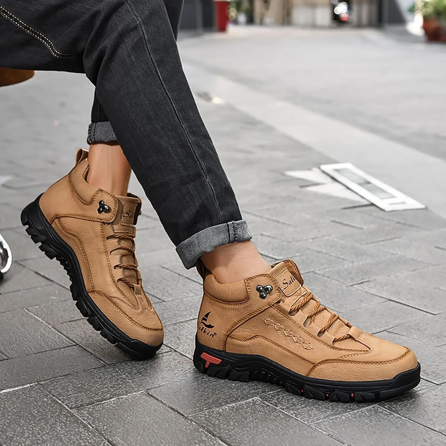Men'S Leather Lace-Up Platform Hiking Boots Fashion Handmade High-Top Waterproof Non-Slip Oxford Ankle Boots For Trail Travel Outdoor Casual Boots