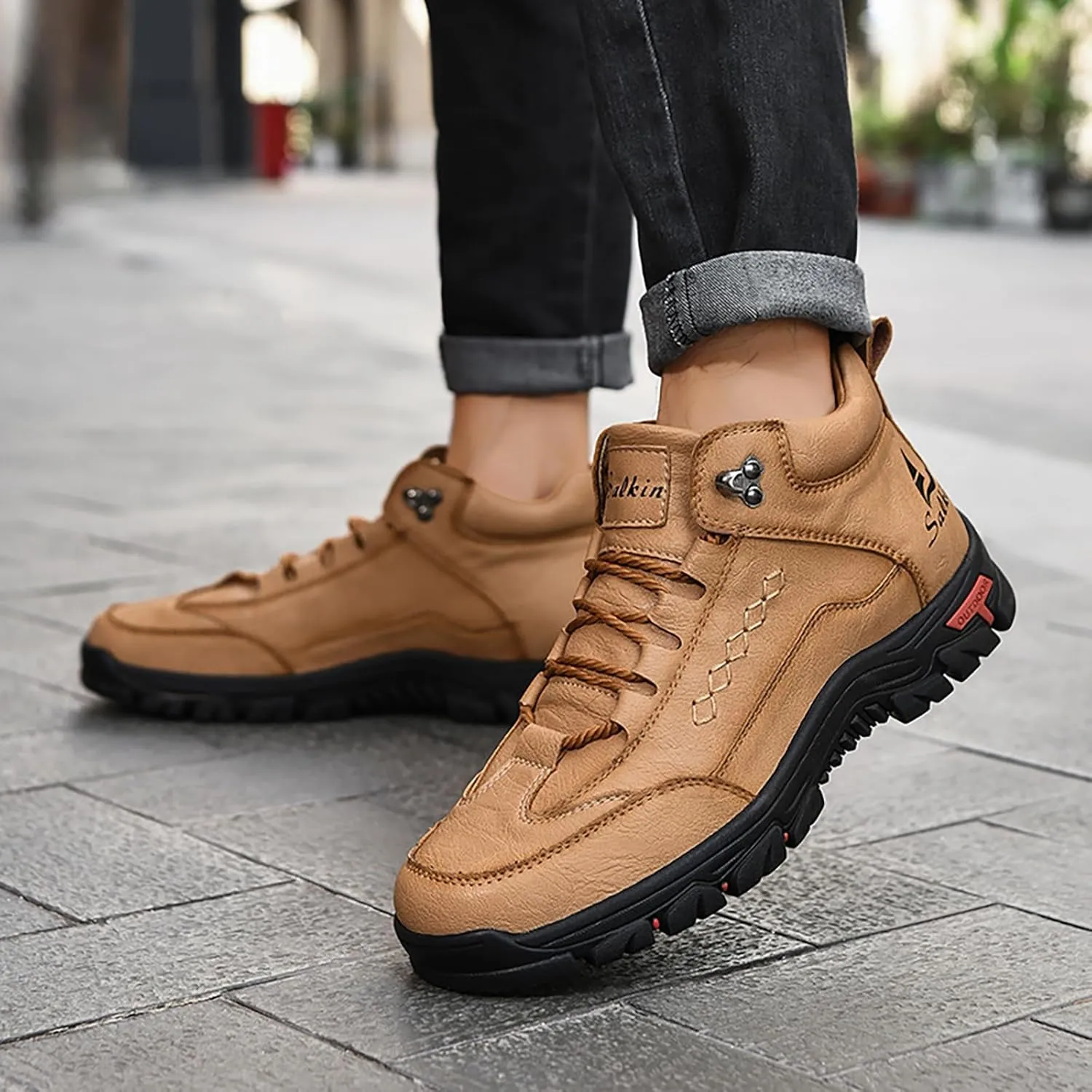 Men'S Leather Lace-Up Platform Hiking Boots Fashion Handmade High-Top Waterproof Non-Slip Oxford Ankle Boots For Trail Travel Outdoor Casual Boots