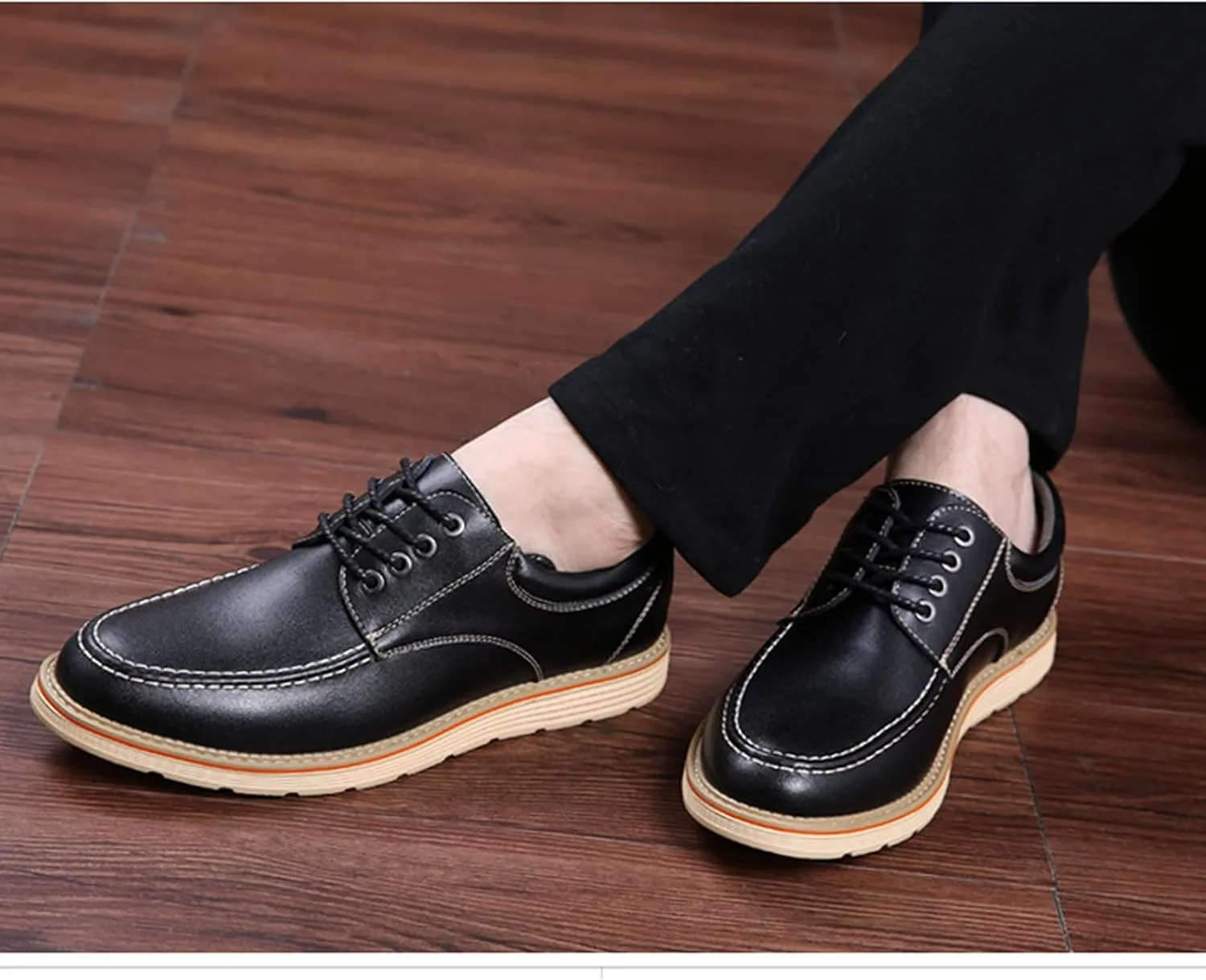 Mens Leather Oxford Dress Sneakers Business Casual Lace up Derby Shoes Smart Oxford Flat Shoe Comfort Black- US8/UK7/EU40