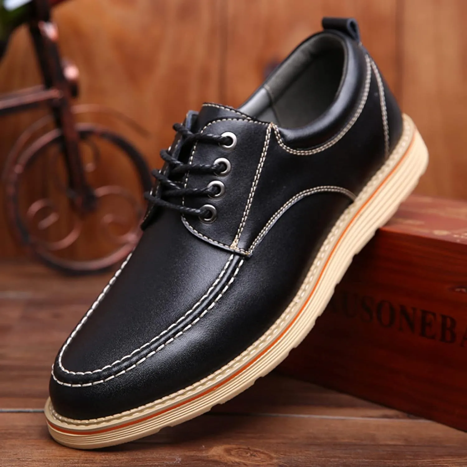 Mens Leather Oxford Dress Sneakers Business Casual Lace up Derby Shoes Smart Oxford Flat Shoe Comfort Black- US8/UK7/EU40